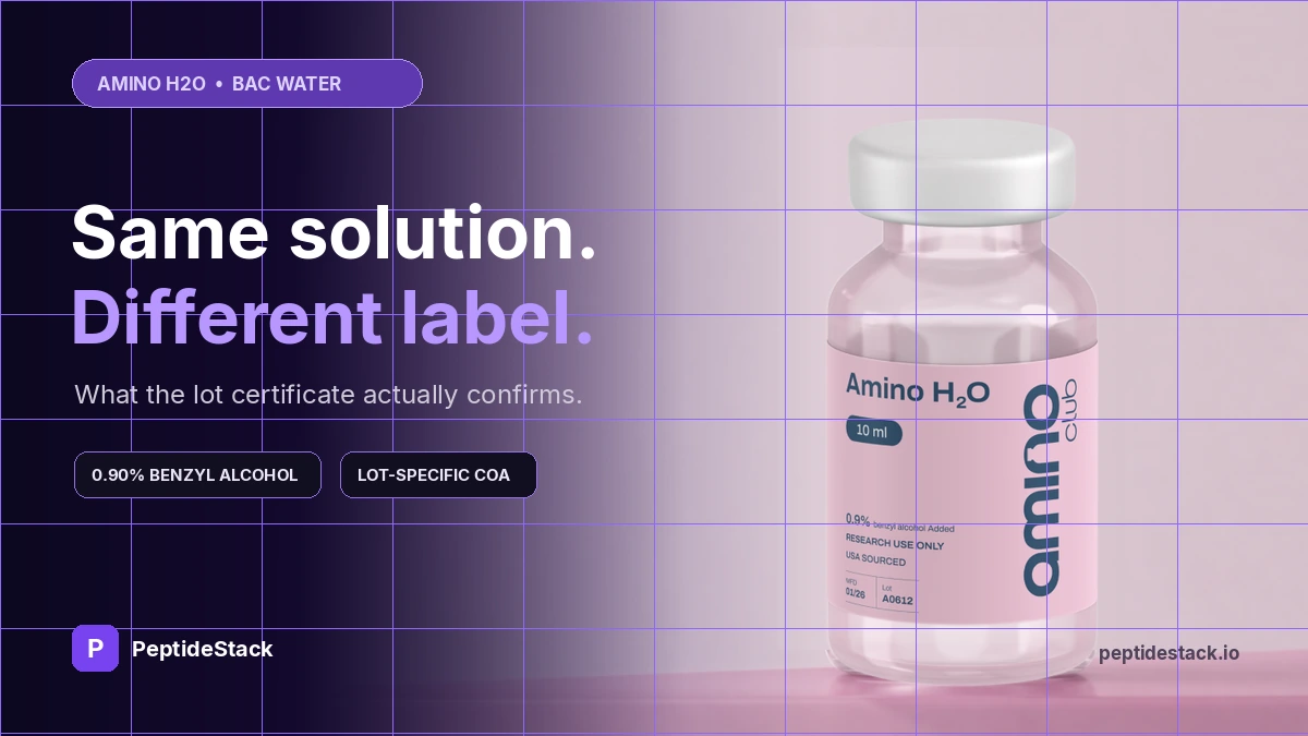 Amino H2O bottle beside an evidence card comparing its label with bacteriostatic water