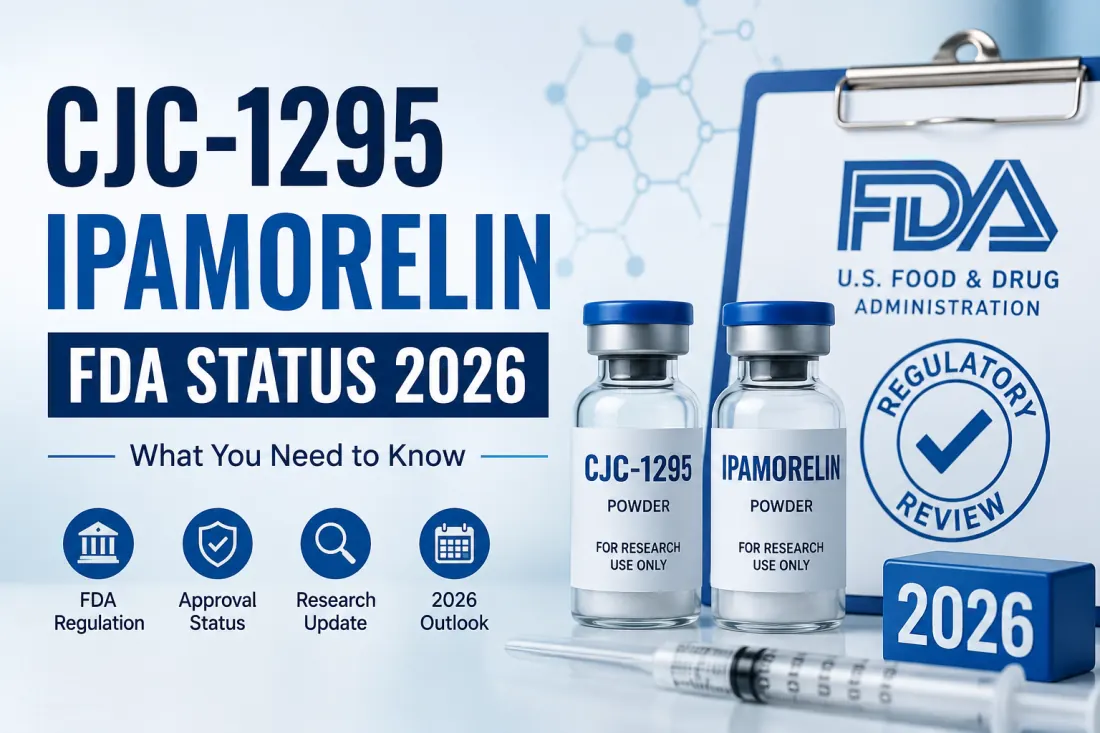 CJC-1295 and ipamorelin research vials with regulatory documents in a laboratory setting