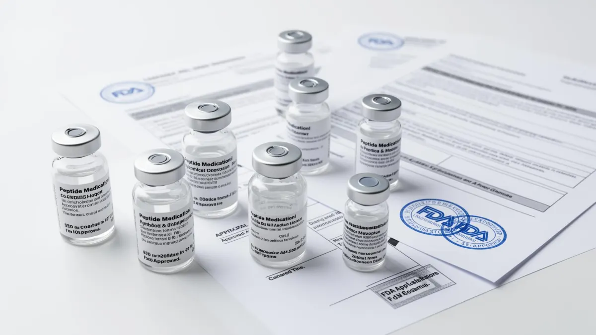 FDA approval documents with pharmaceutical peptide vials in laboratory setting