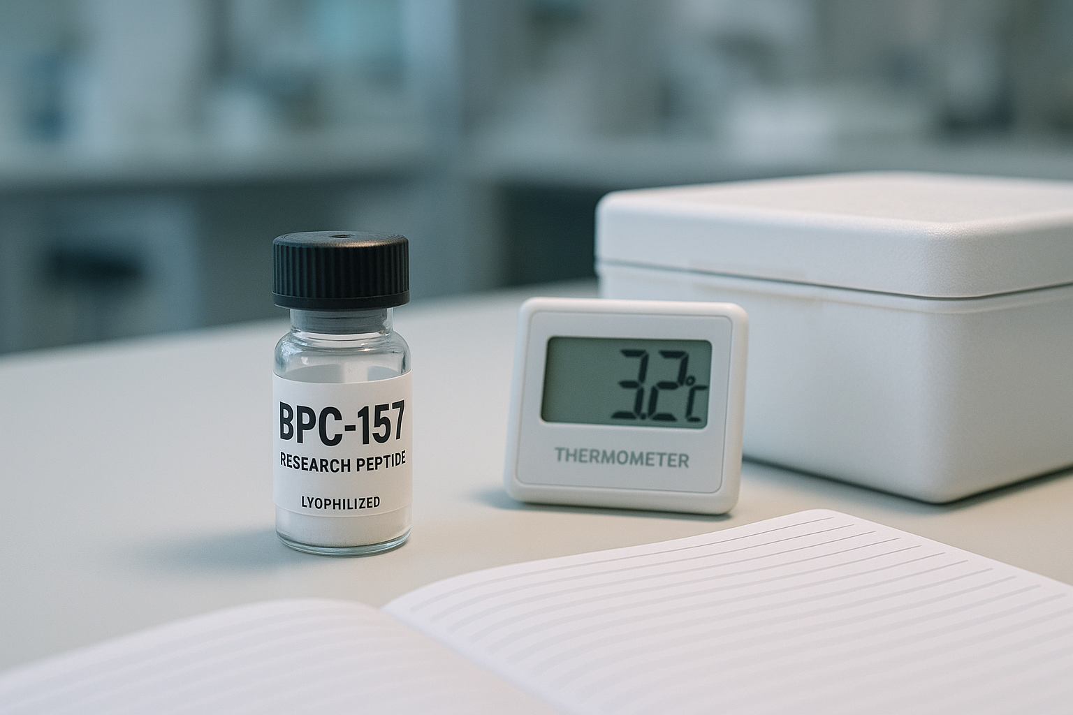 BPC-157 research peptide vial beside cold storage equipment and laboratory notes