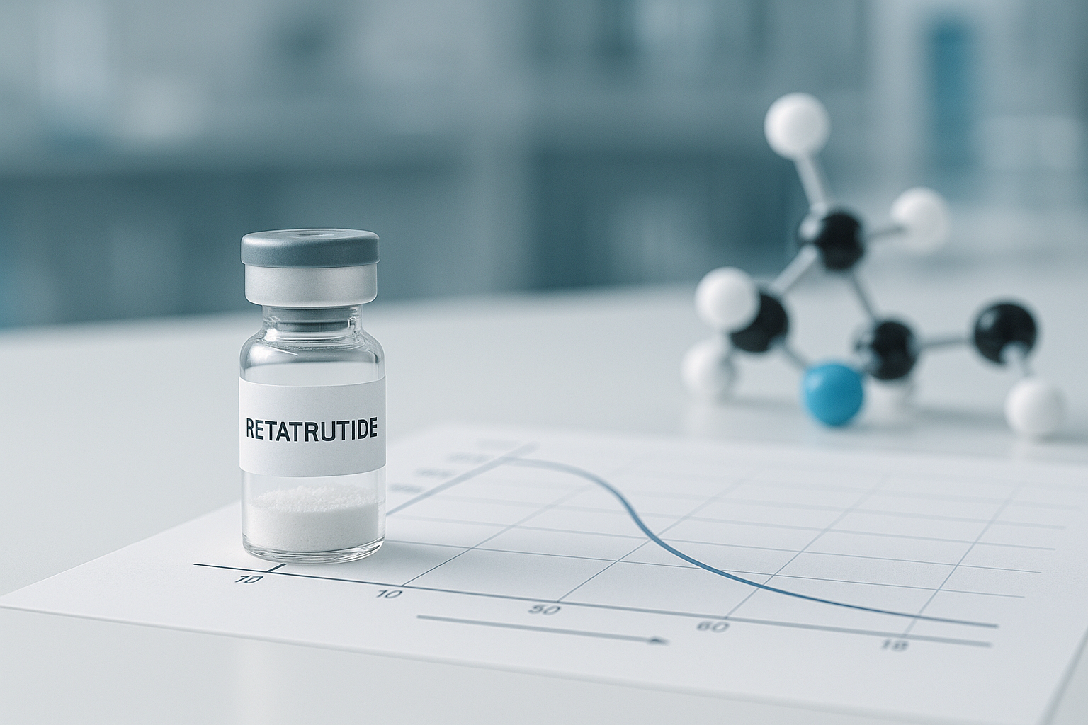 Retatrutide vial beside a research timeline chart in a laboratory setting