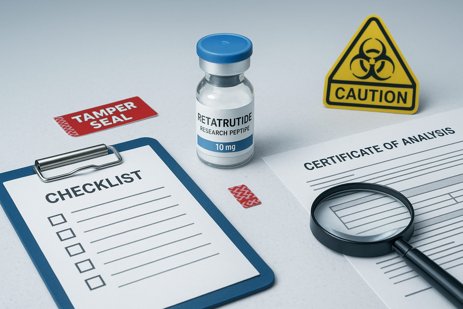 Retatrutide research vial beside a counterfeit detection checklist and lab verification documents