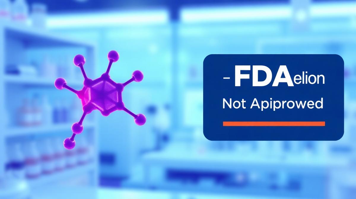 Ipamorelin molecular structure with FDA regulatory documents and ghrelin receptor research imagery