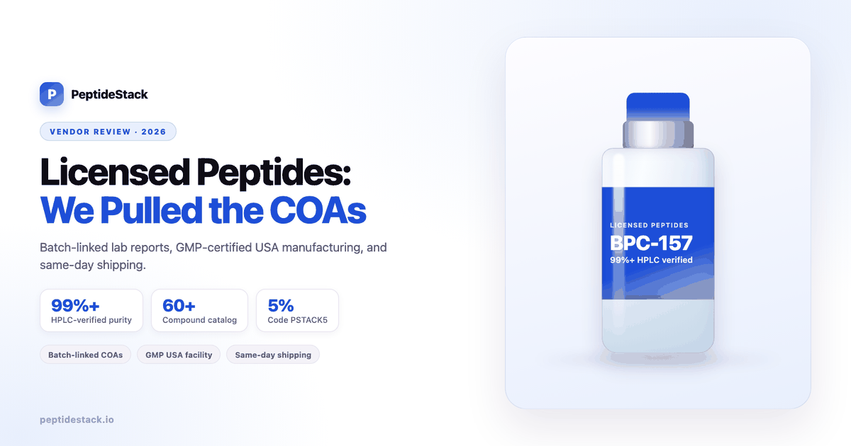 Licensed Peptides review 2026 — five-star vendor breakdown with labeled research vial and PSTACK5 coupon code