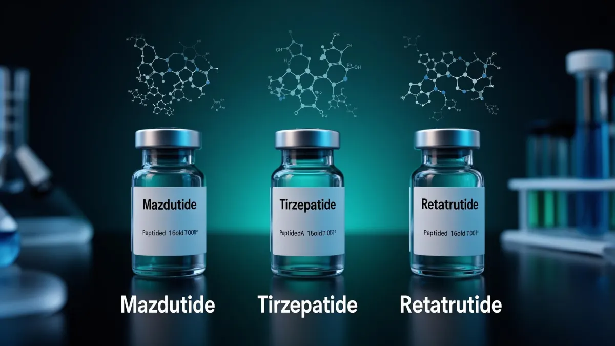 GLP-1 peptide comparison showing Mazdutide, Tirzepatide, and Retatrutide vials