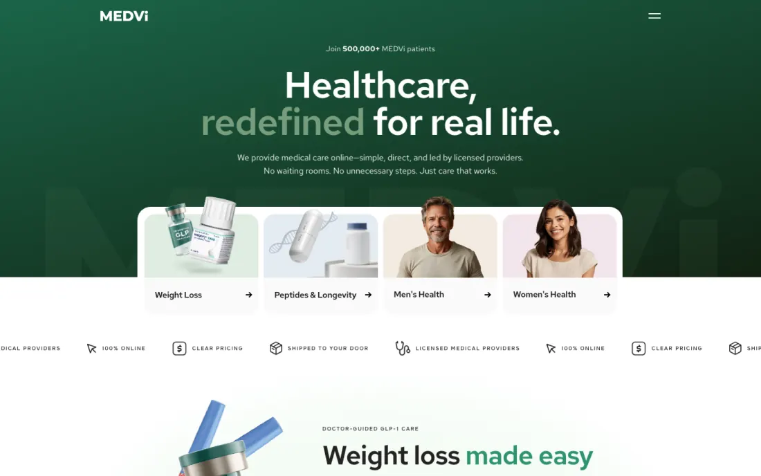 Telehealth app on smartphone with GLP-1 medication pens on white surface