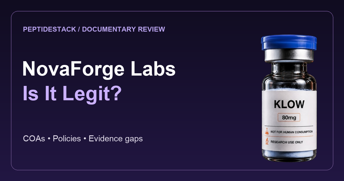 NovaForge Labs review with merchant KLOW vial image: COAs, policies and evidence gaps