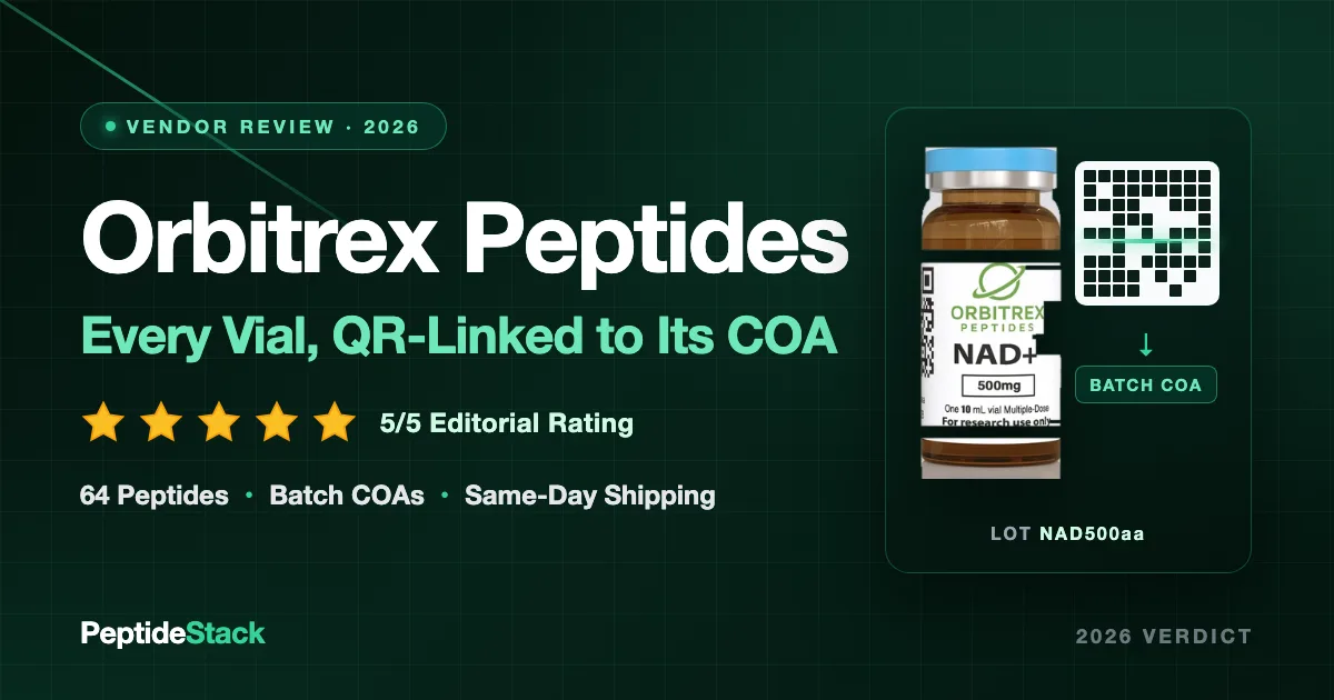 Orbitrex Peptides review — PeptideStack breakdown of the QR-coded batch COA system, 64-peptide catalog, and pricing at orbitrexpeptide.is