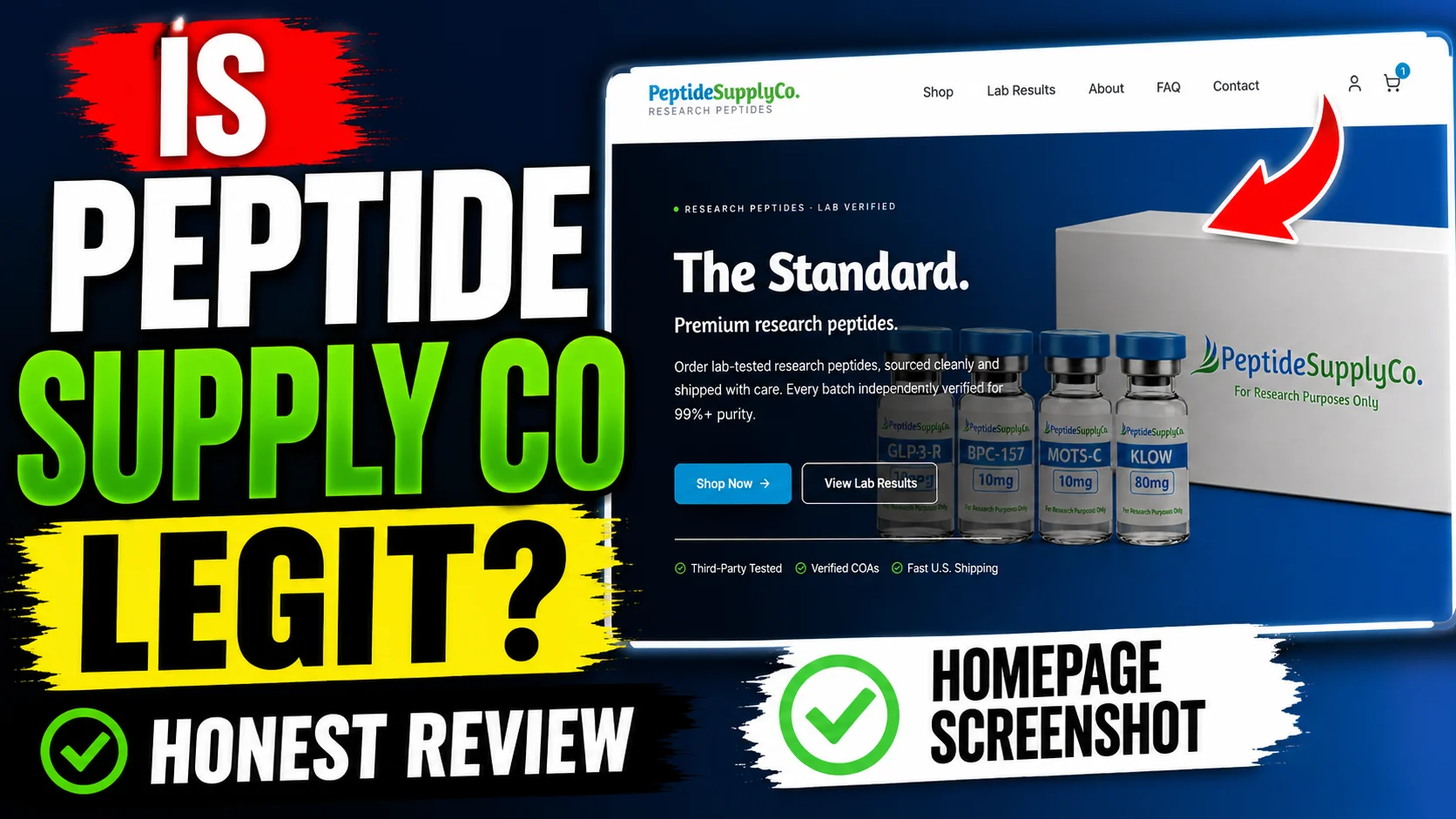 Research peptide vendor legitimacy checklist with unlabeled vials, blank lab documents, magnifying glass, and laptop
