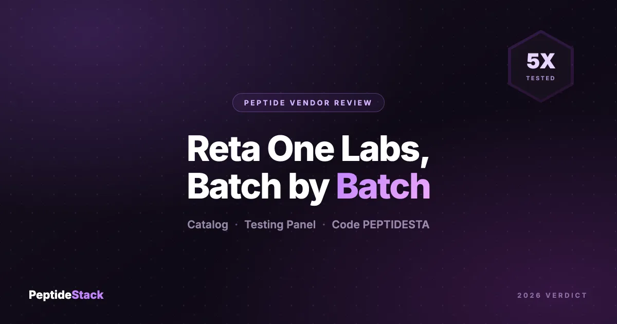 Reta One Labs review — PeptideStack breakdown of the 5X batch testing panel, published third-party COAs, US catalog, and the exclusive PEPTIDESTA code