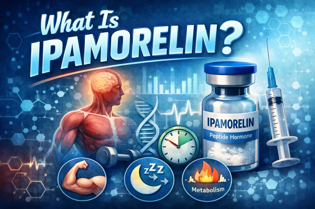 Ipamorelin peptide molecular structure and growth hormone research illustration