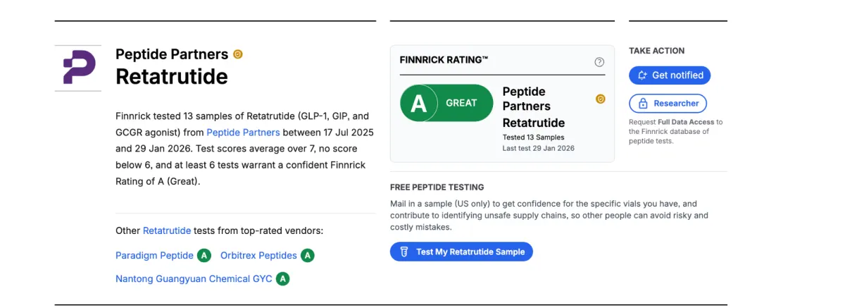 Peptide Partners Finnrick retatrutide profile rated 91 percent, ranked number 2 of 239 vendors